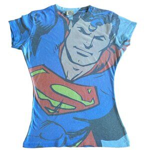 Vintage Superman Graphic Tee DC Comics Y2K  Size Small Cotton Baby Blue